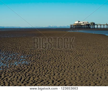 North pier BlackpoolUK with Cumbrian hills in snow