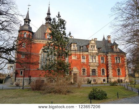 An old Plawniowice brick palace in winter, Poland