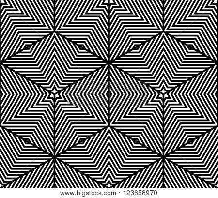 Monochrome illusory abstract geometric seamless pattern with 3d geometric figures. Vector black and white striped backdrop.