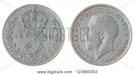 3 Pence 1920 Coin Isolated On White Background, Great Britain
