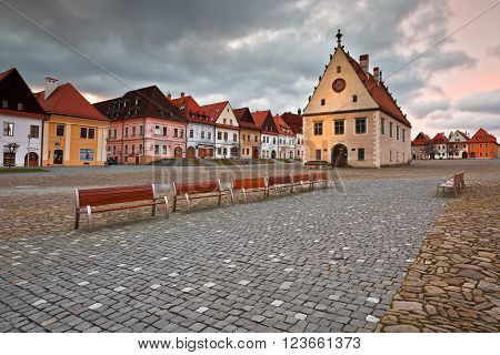 BARDEJOV, SLOVAKIA - MARCH 19, 2016: City hall in the main square of UNESCO listed medieval town of Bardejov in eastern Slovakia on March 19, 2016.