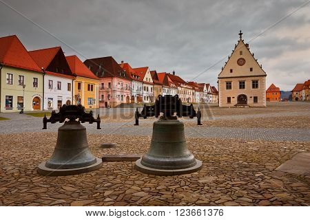 BARDEJOV, SLOVAKIA - MARCH 19, 2016: City hall in the main square of UNESCO listed medieval town of Bardejov in eastern Slovakia on March 19, 2016.