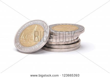 Stack Of 10 Baht Coins Isolated On White