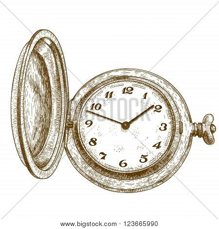 Vector antique engraving illustration of pocket watch isolated on white background