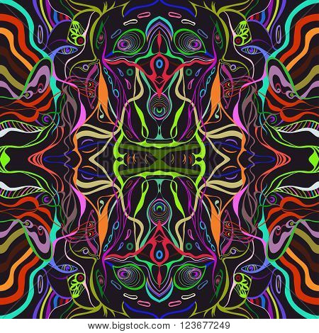 Colorful vivid vector of a young woman face in abstract style psychedelic surreal seamless pattern.