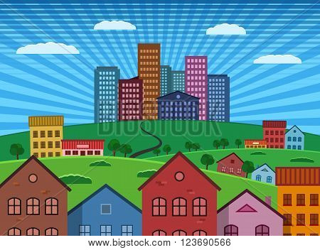 Suburb and City on Green Hill flat design illustration. Vector EPS 10. All layers selectable and editable.