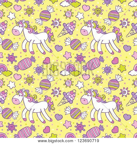 Unicorn. Ice cream, candy. Rainbow and cloud. Sprockets, hearts and circles. Vector seamless pattern (background).