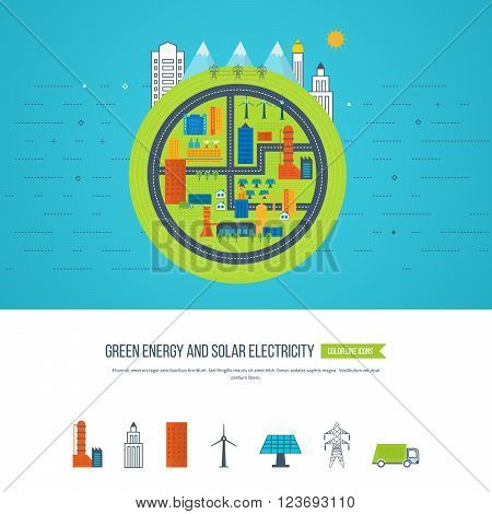Flat green energy, ecology, eco, clean planet, urban landscape and industrial factory buildings concept vector icon banners template set. Infographic energy template design