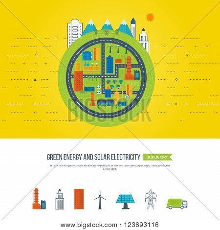 Flat green energy, ecology, eco, clean planet, urban landscape and industrial factory buildings concept vector icon banners template set. Infographic energy template design