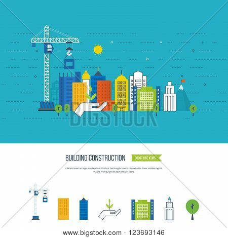 Flat design vector concept illustration with icons of building construction and urban landscape. Real estate concept illustration. Cityscape background. Color line icons