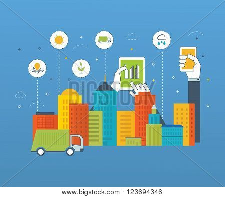 Green eco city and eco life infographic. Modern energy safety.  Clean planet and urban landscape. Smart city. Ecology concept.