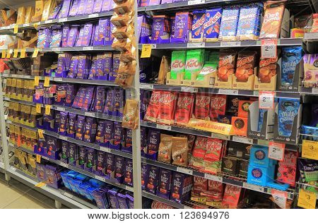 MELBOURNE AUSTRALIA - MARCH 26, 2016: Chocolate display at a supermarket in Melbourne Australia.