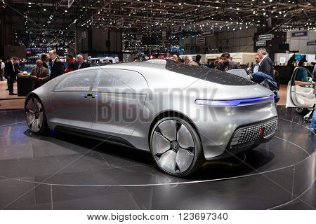 GENEVA, SWITZERLAND - MARCH 1: Geneva Motor Show on March 1, 2016 in Geneva, Mercedes-Benz F 015 Concept Vehicle, rear-side view