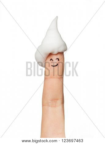 gesture, bath time and body part concept - close up of  one finger up with bath foam or whipped cream