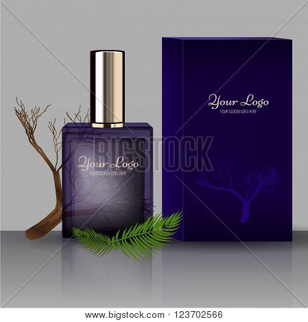 Realistic Perfume Bottle to Use in Beauty, cosmetics, fashion Infographics and Drawings or catalogue. Transparent bottle with plant and box. Illustrated vector