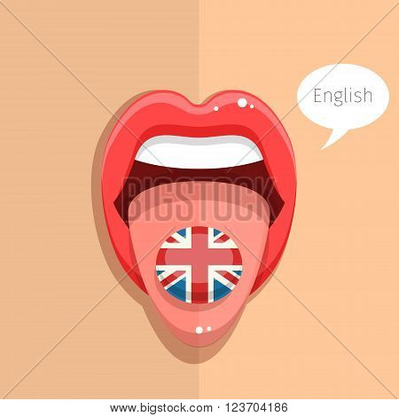 English language concept. English language tongue open mouth with flag of Britain, woman face. Flat design, vector illustration.