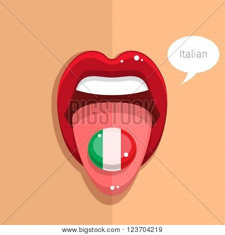 Italian language concept. Italian language tongue open mouth with Italian flag, woman face. Flat design, vector illustration.
