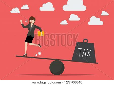 Balancing between business woman and tax. Business concept