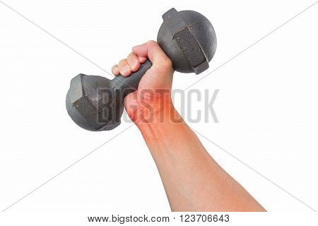 Right hand got pain on wrist holding a retro dumbbell isolated on white background