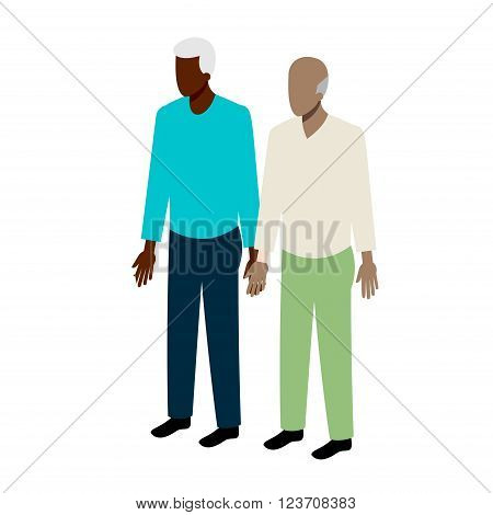 Old gay isometric couple of african-american men standing holding hands