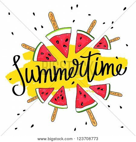 Inscription Summer surrounded by watermelon slices on a stick. Great summer gift card. Vector illustration on white background. Fashionable calligraphy. A smear of yellow ink.
