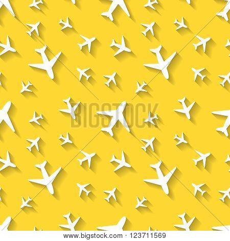 White airplane icons with long shadow on yellow background seamless pattern