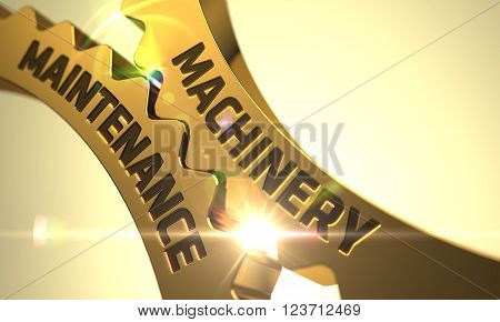Machinery Maintenance on the Mechanism of Golden Metallic Cog Gears with Glow Effect. Machinery Maintenance - Concept. Machinery Maintenance on Mechanism of Golden Metallic Gears. 3D.