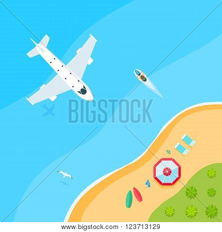 Summer Beach ocean, top view, time for recreation - sea, Seagull, surf, waves, sand, plane, palm island. Vector illustration in flat style