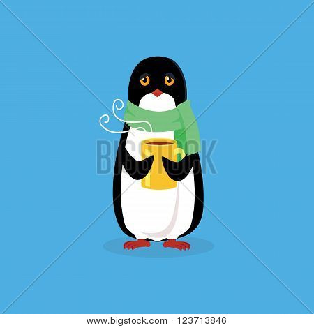 Animal penguin design flat. Bird penguin vector, cartoon polar animal winter isolated, penguin in scarf, wild penguin character with scarf and cup illustration