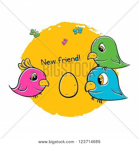Pretty birds for t-shirt print. 3 birds are waiting chicks. Cute girls design.