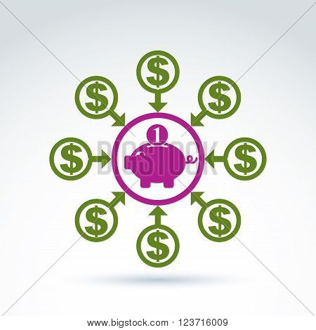 Vector banking symbol money income icon abstract illustration of personal revenue sources personal savings symbol. Elements of income system connected with arrows.