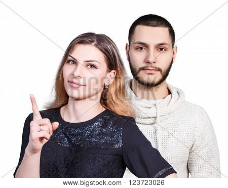 Young couple in spat isolated on white background
