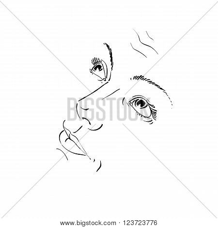 Hand-drawn Illustration Of Woman Face, Black And White Mask With Emotions. Features Of Beautiful Gir