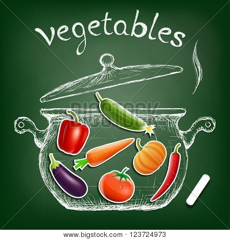 Vegetables cooked in a pan. Kitchen equipment is drawn chalk on a blackboard. Diet and healthy nutrition. Stock vector illustration.