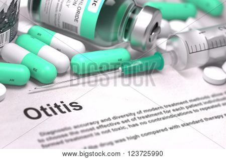 Diagnosis - Otitis. Medical Concept with LIght Green Pills, Injections and Syringe. Selective Focus. Blured Background. 3D Render.