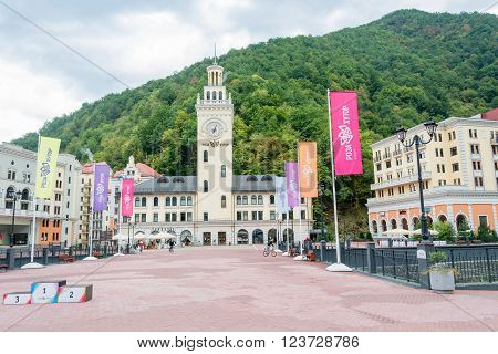 Krasnaya Polyana (Rosa Khutor) Krasnodar region Russia - October 7 2015: the clock Tower - the symbol of the ski complex Rosa Khutor October 7 2015 Krasnodar region Russia.