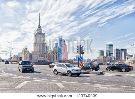 Moscow Russia - March 29 2016: Radisson Royal hotel (Ukraine hotel) is one of the tallest buildings in the city. Radisson Royal hotel located on the banks of the Moscow river and has its own fleet of yachts.