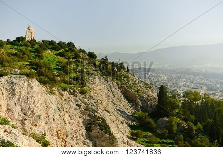 Greek ruins overlooking Athens from a mountain top