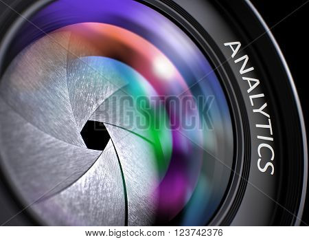 Analytics on SLR Camera Lens. Colorful Lens Flares. Selective Focus with Shallow Depth of Field. Lens of Digital Camera with Analytics Concept, Closeup. Lens Flare Effect. 3D Render.