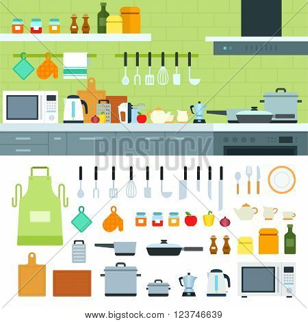 Cooking tools vector flat illustrations. Kitchen with modern cooking equipment, products on the shelves. Cooking at home concept. Pots, kettle, spices and othe cooking utensils isolated on white background