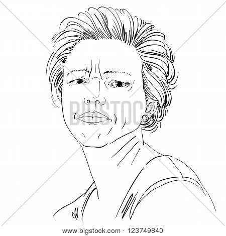 Vector drawing of angry woman with stylish haircut. Black and white portrait of attractive lady expressing doubt disbeliever.