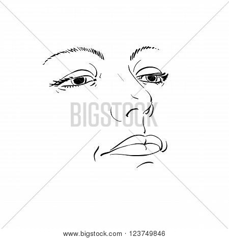Black and white illustration of lady face delicate visage features. Eyes and lips of a sorrowful woman emotional expression.