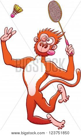 Athletic red monkey with long tail and bulging eyes while grabbing a racket, staring at the shuttlecock and preparing for a vigorous vertical jump smash in a badminton match
