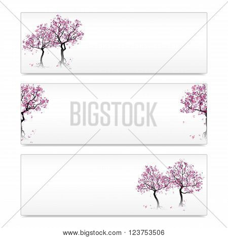 Colorful abstract blooming trees. Set of three banners with place for inscription. Spring background. Cherry blossoms. Watercolor imitation. Vector EPS 10.