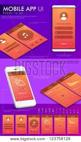 Material Design UI, UX, GUI template layout and flat web icons for mobile apps, responsive website with Create Account, Sign In, Music Player, Weather, Calendar and Battery Usage screens. 