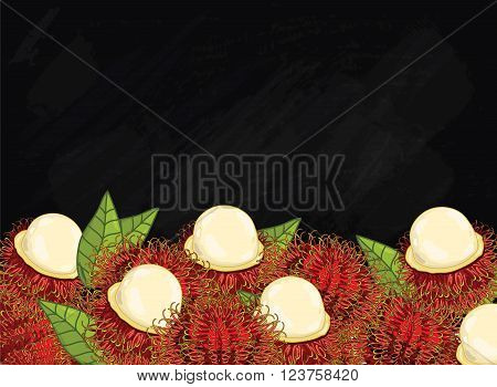 Rambutan on chalkboard background. Rambutan composition, plants and leaves. Organic fruit. Summer fruit. Fruit background for packaging design. Rambutan fruit with green leaf. Ripe fruit.
