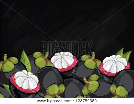 Mangosteen on chalkboard background. Mangosteen composition, plants and leaves. Organic food. Summer fruit. Fruit background for packaging design. Mangosteen with green leaf. Ripe fruit.