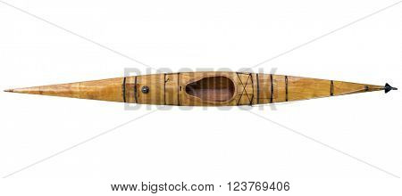 top view of a home built narrow and long wooden sea kayak isolated on white with a clipping path