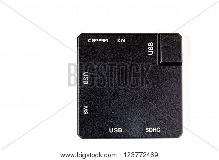 Top view of black plastic square USB hub.