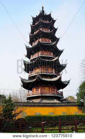 The exterior of Longhua Temple Pagoda in Shangai China.
